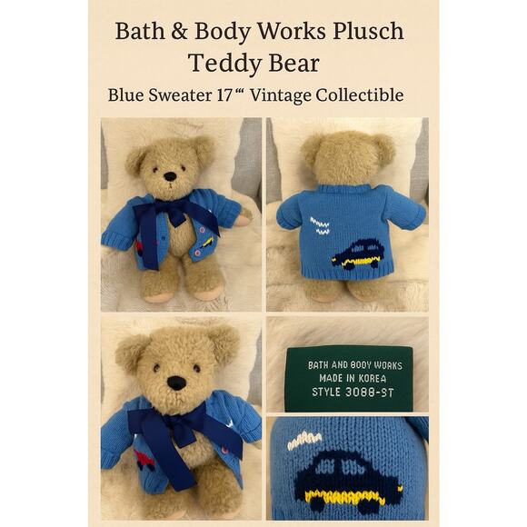 Bath & Body Works Plush Teddy Bear Blue Sweater Airplane Design 18” Vintage Rare - Picture 1 of 9